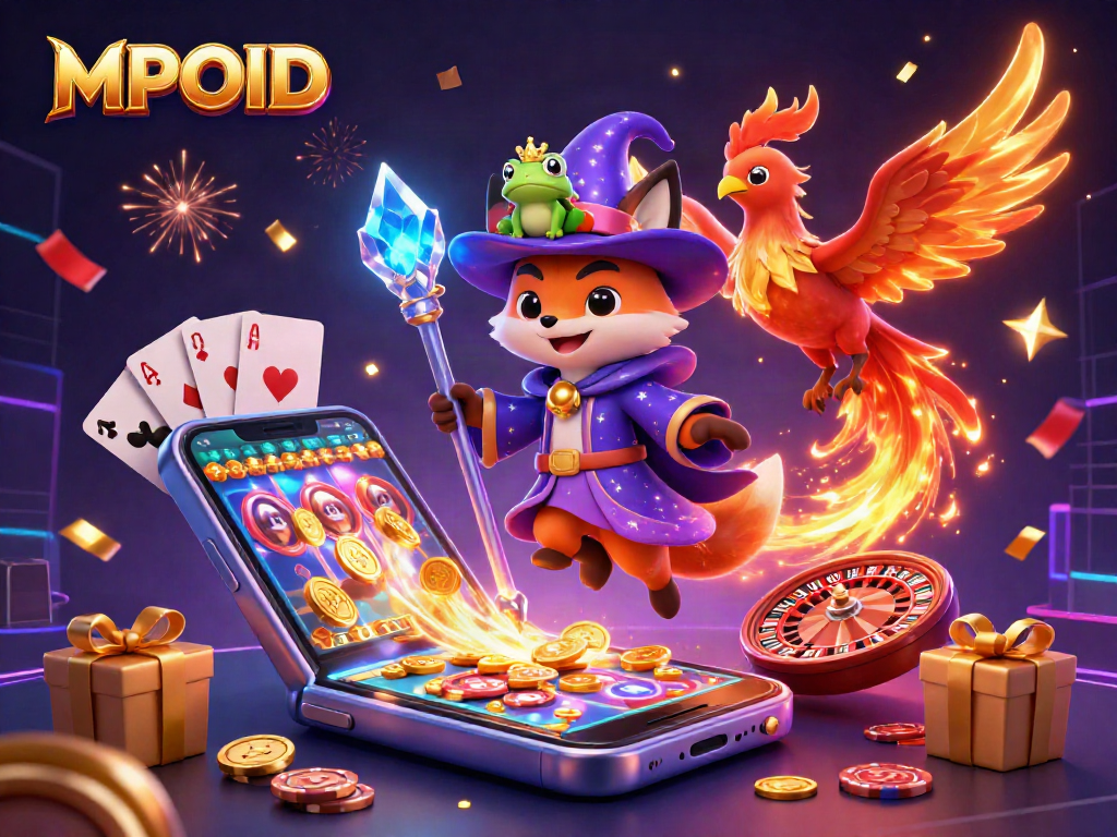 MPOID captivates users with a 3D wizard fox and phoenix amidst vibrant slot games and poker elements.
