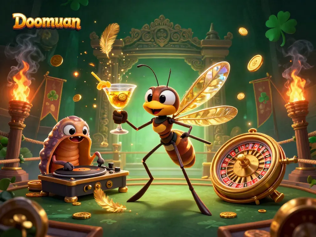 Doomuan brings luck at the casino with a frozen mosquito mascot, trilobite DJ, and golden roulette wheel.
