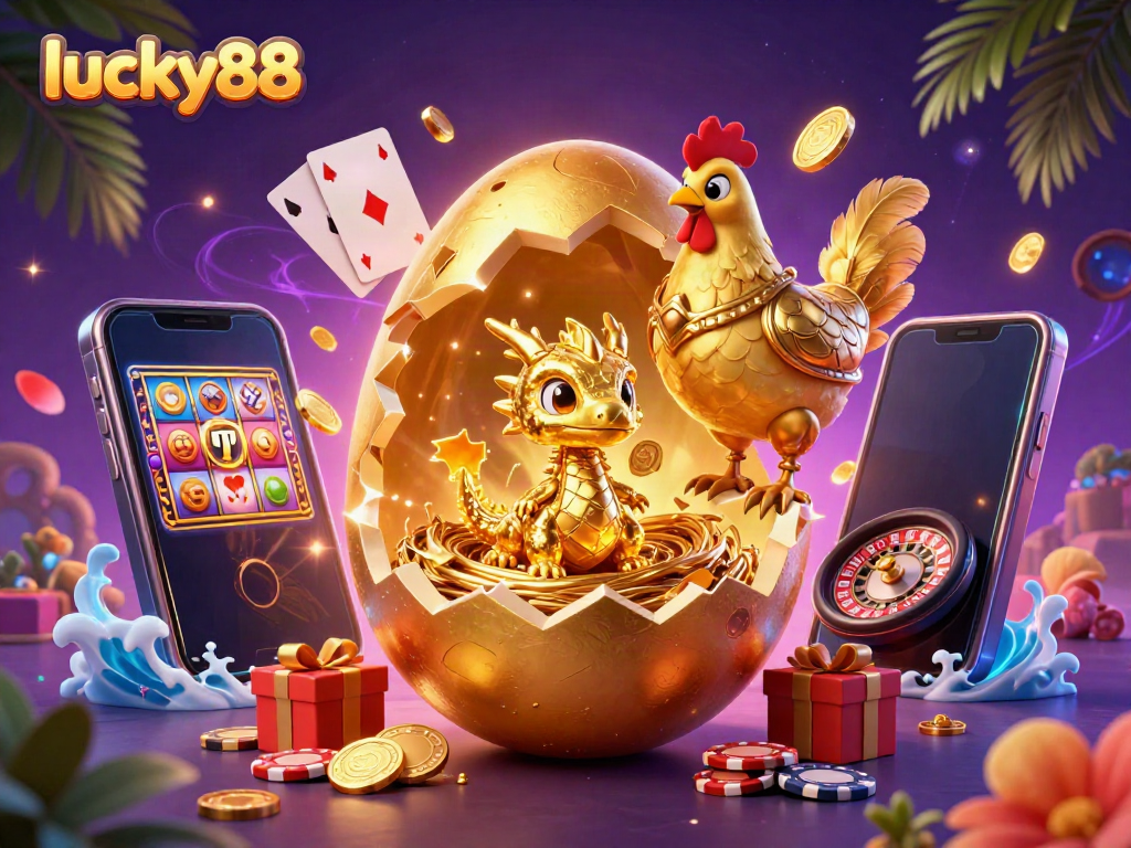 Engage with lucky88 by experiencing thrilling gaming elements and a golden dragon in a vibrant casino scene.