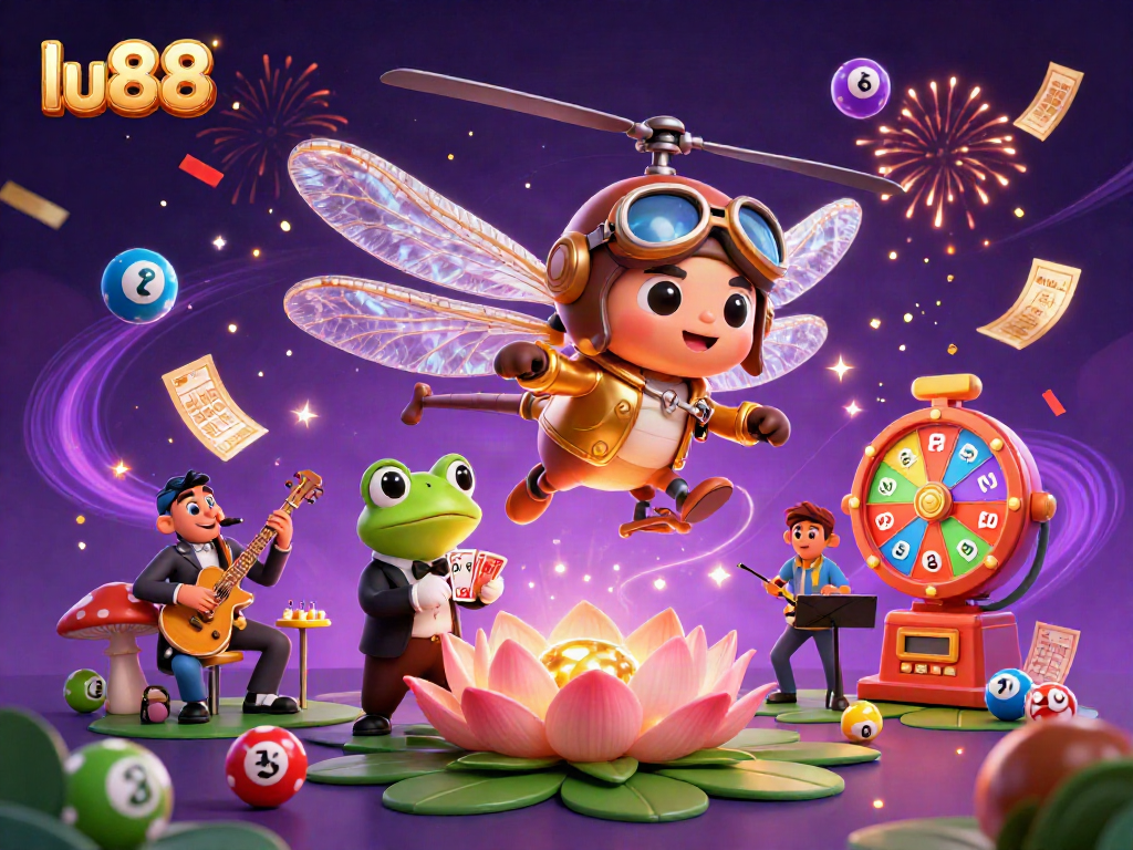 Experience thrilling games at LU88 with dynamic casino elements in a vibrant illustration.