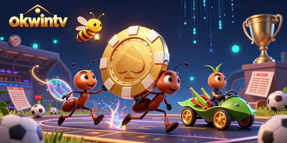 Engage with okwintv, where a team of cartoon ants carries a giant poker chip through a bustling gambling scene.
