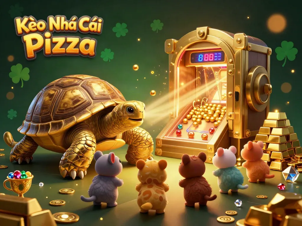 Play and win at Kèo Nhà Cái Pizza with golden tortoise and treasure-filled scene.