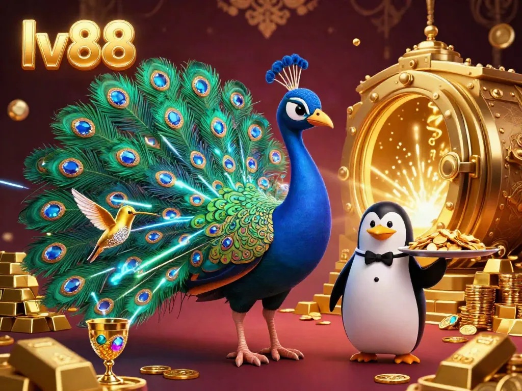 Engage with lv88's vibrant casino universe, featuring a majestic peacock and a butler penguin amidst golden treasures.