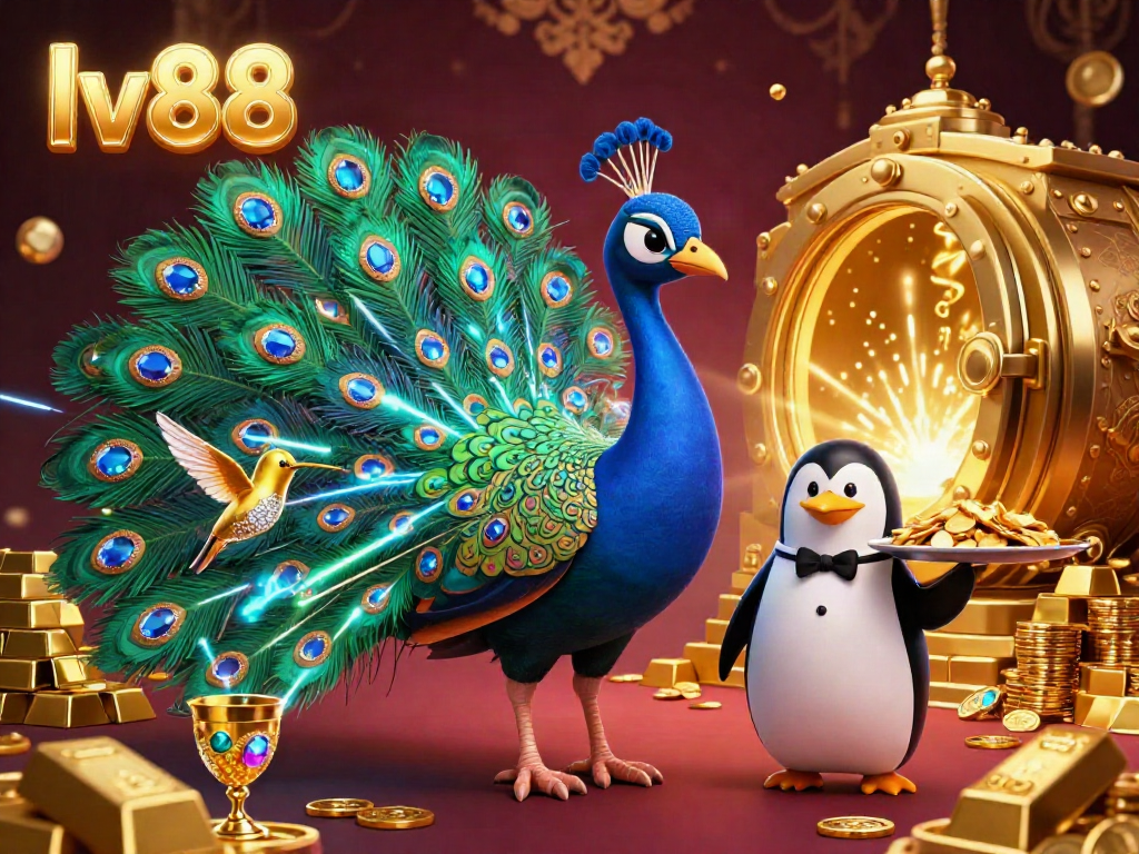 Engage with lv88's vibrant casino universe, featuring a majestic peacock and a butler penguin amidst golden treasures.