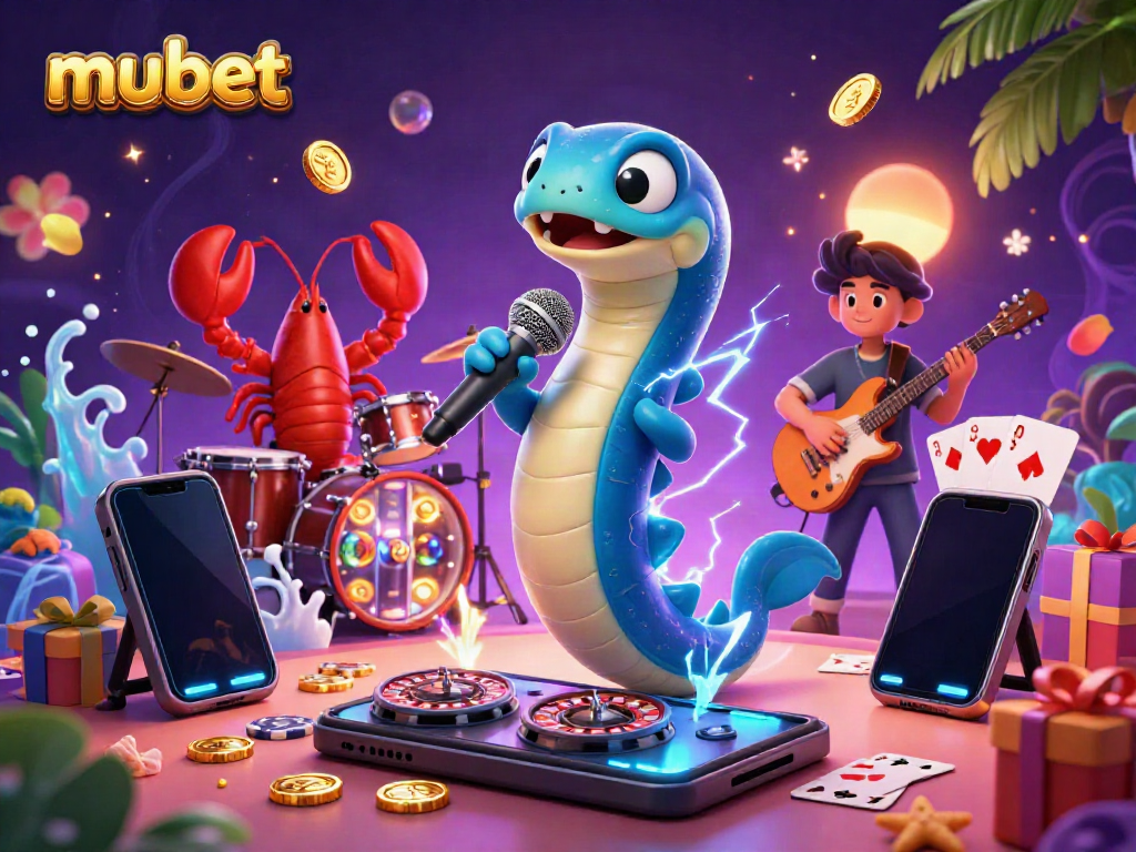Experience the thrill of muBET in a vibrant underwater casino scene with a DJ eel and band.