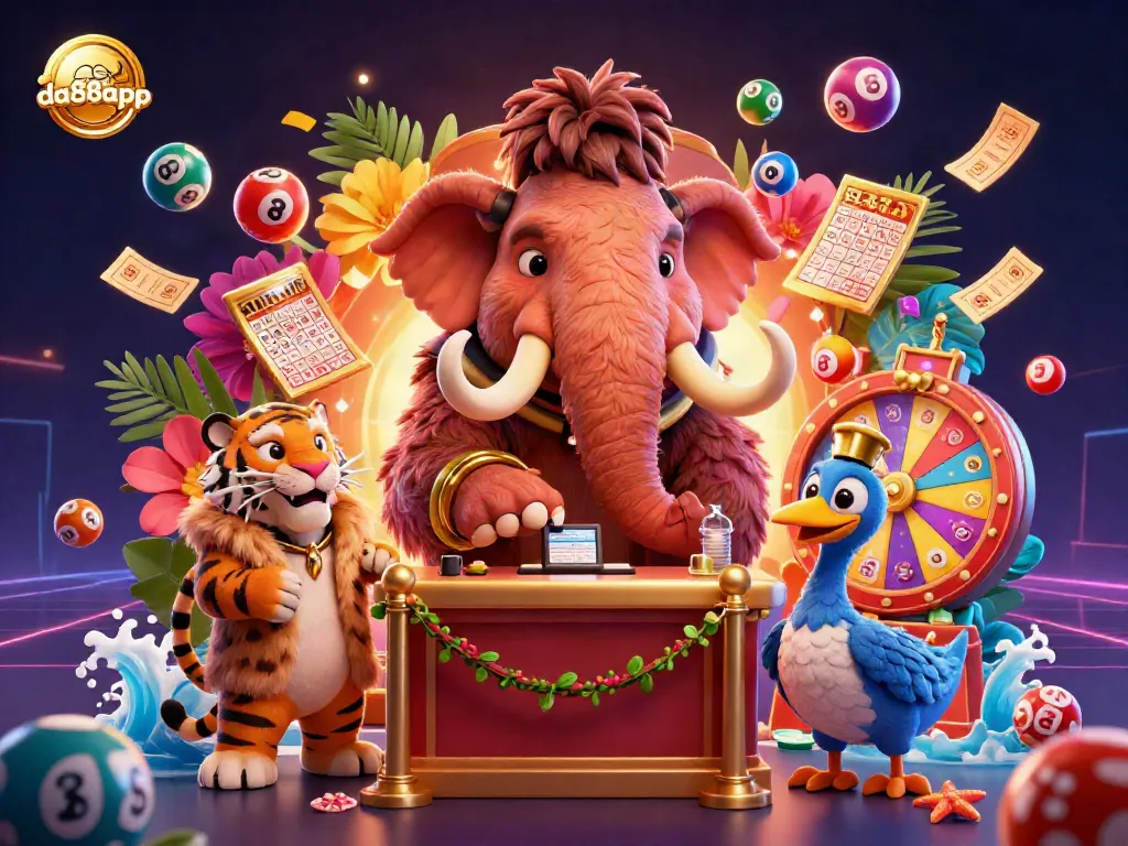 Experience thrilling gameplay at da88app with a vibrant 3D casino scene featuring a woolly mammoth bouncer.