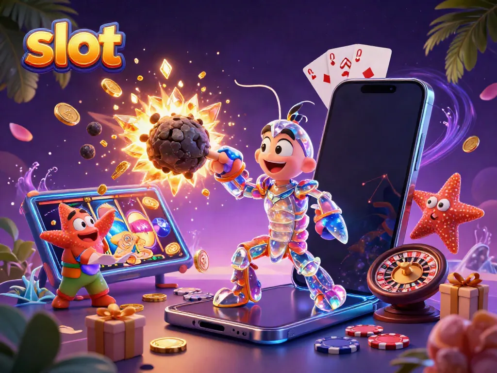 Slot machines bursting with treasures as a galactic samurai mantis shrimp collides with an asteroid.