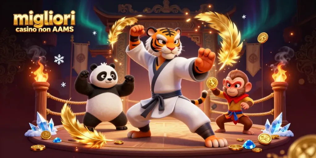 Scopri i migliori casino non AAMS con un'immagine dinamica di un maestro di kung fu e dettagli del casinò.