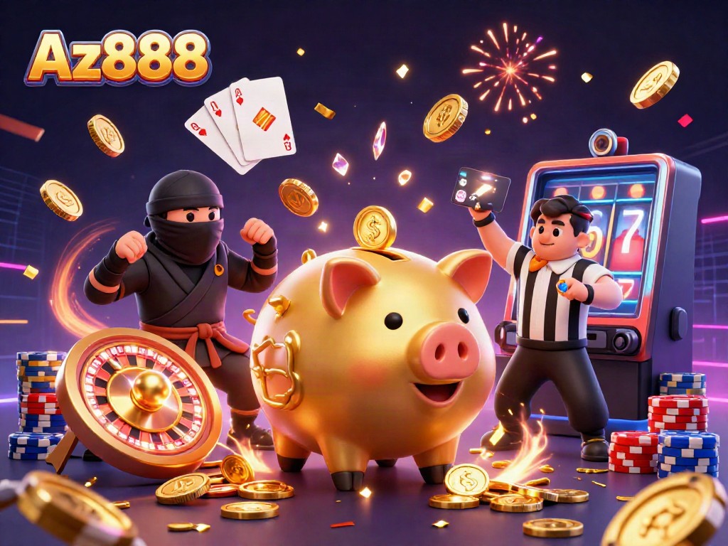 Experience thrilling Az888 gameplay with a dynamic scene of a golden piggy bank sumo wrestler and friends surrounded by coins and casino elements.