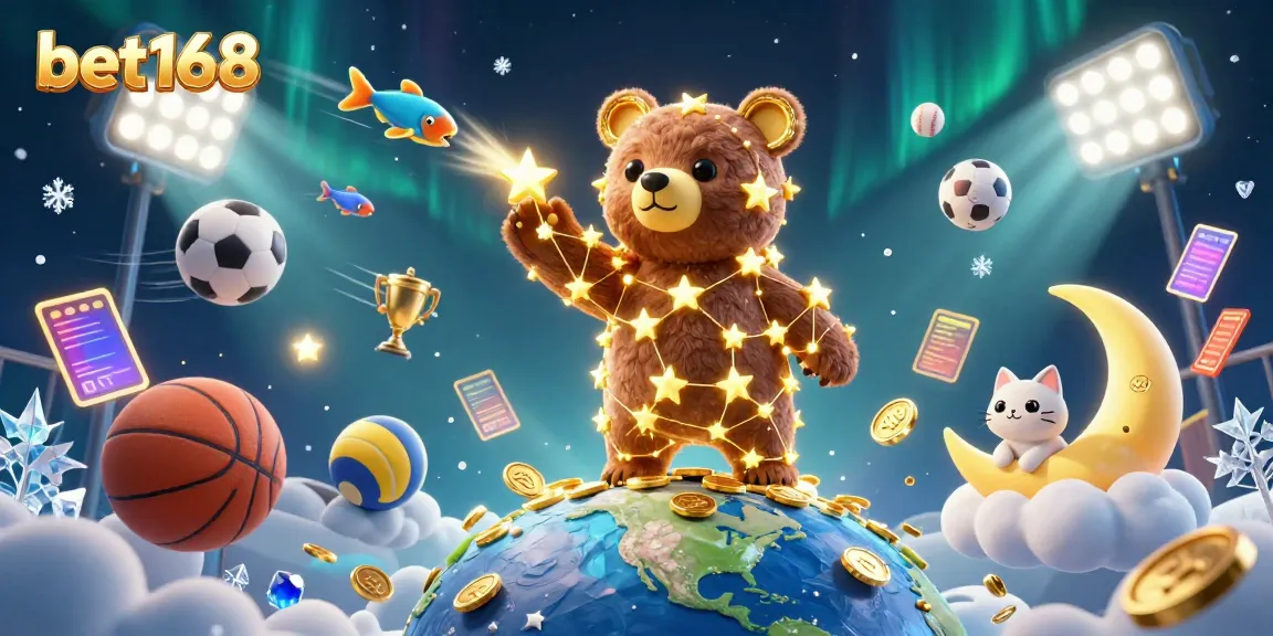 Experience the thrill of bet168 with a constellation bear scooping coins while surrounded by floating sports elements.