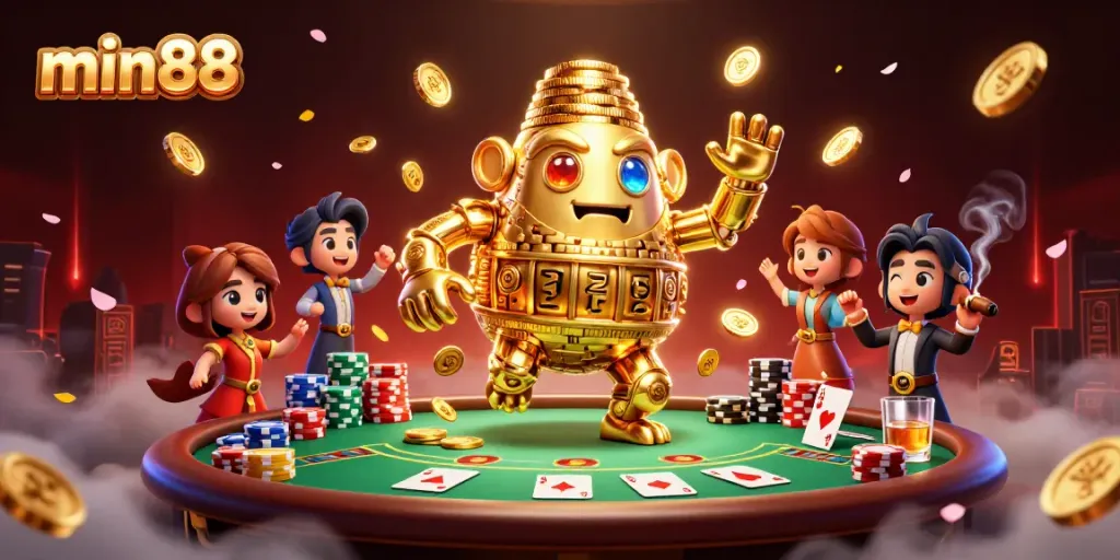 Experience the thrilling min88 casino world with golden golem, poker elements, and dynamic energy.
