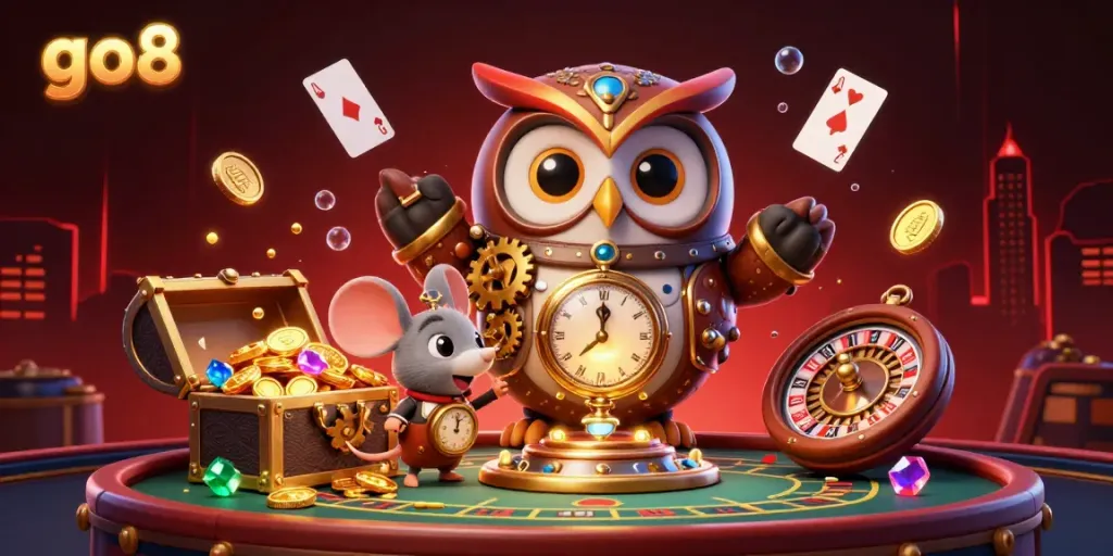 Engage with go8 as the owl and mouse unveil gaming treasures in a vibrant casino world.