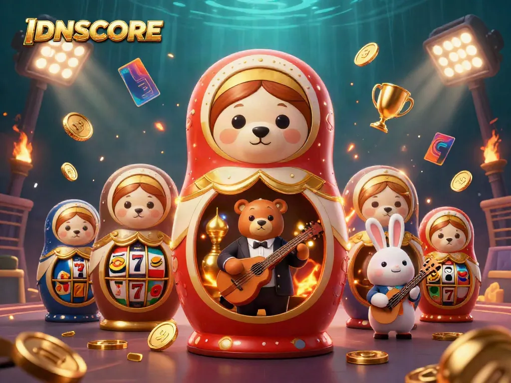 Experience thrilling gameplay at IDNSCORE with vibrant 3D casino illustration featuring lively characters and dynamic gaming elements.