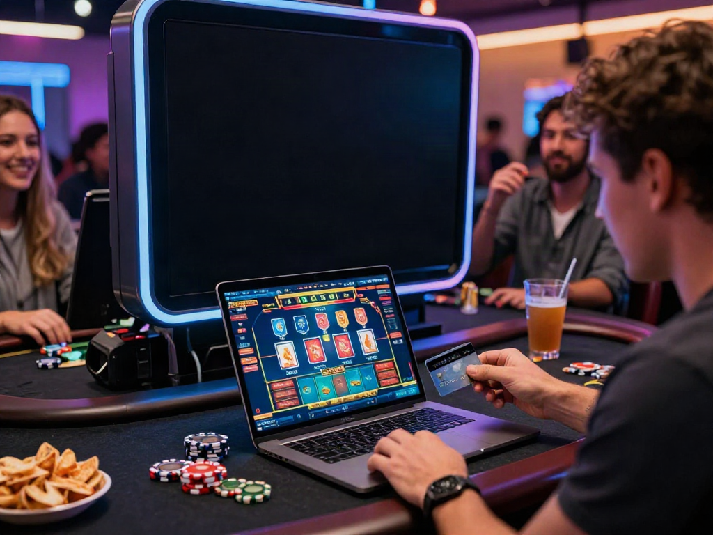 Player enjoying online casinos that accept credit cards in a vibrant setting with friends, surrounded by gaming devices and lively atmosphere.