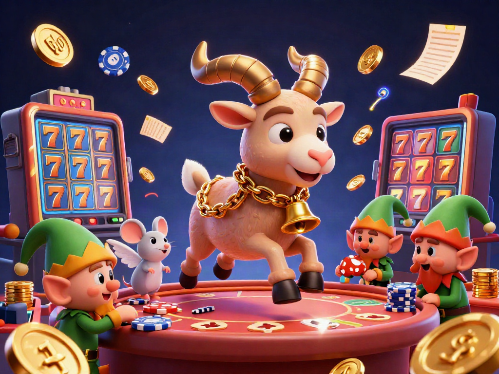 At 98win, experience a dynamic casino scene with festive Krampus, angel mouse, and gremlins amidst vibrant game elements.