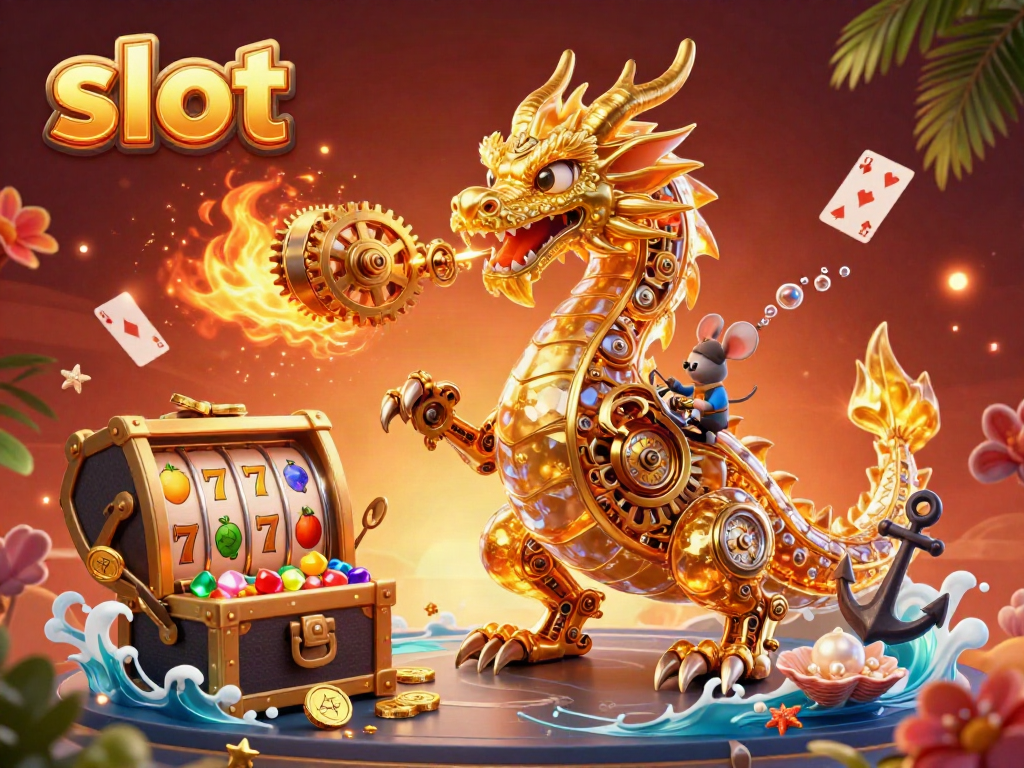 Engaging slot illustration with a biomechanical dragon amidst colorful casino elements.