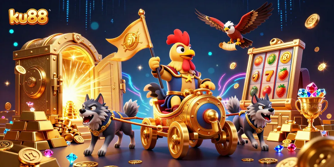 Win big with ku88 in this dynamic casino-themed 3D illustration featuring vibrant treasures.