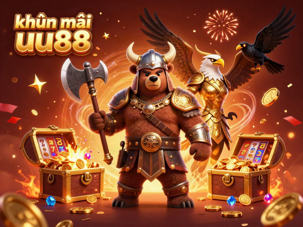Experience the excitement of khuyến mãi uu88 with a vibrant 3D illustration showcasing a Viking and an eagle amidst slot reels and treasures.