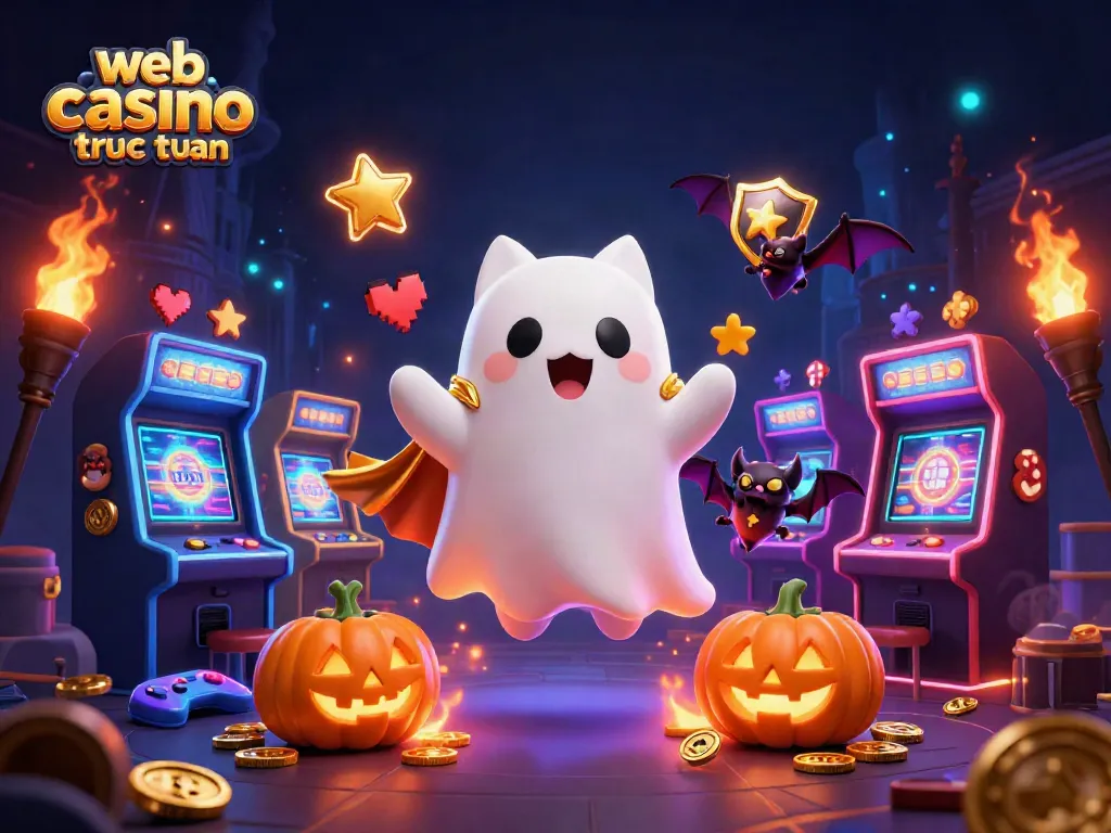 Trải nghiệm web casino trực tuyến với một con mèo ma dễ thương và các biểu tượng cờ bạc rực rỡ.