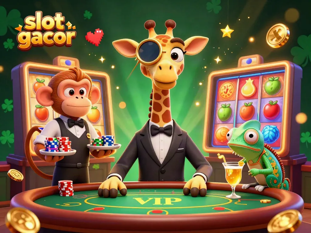 Experience thrilling slot gacor excitement with the high-roller giraffe and cheerful casino characters.