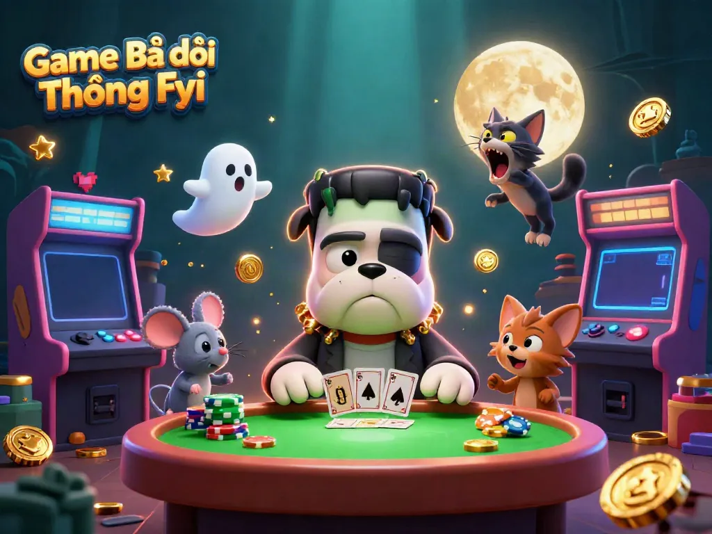 Experience Game Bài Đổi Thưởng Fyi with animated creatures at a vibrant casino table.