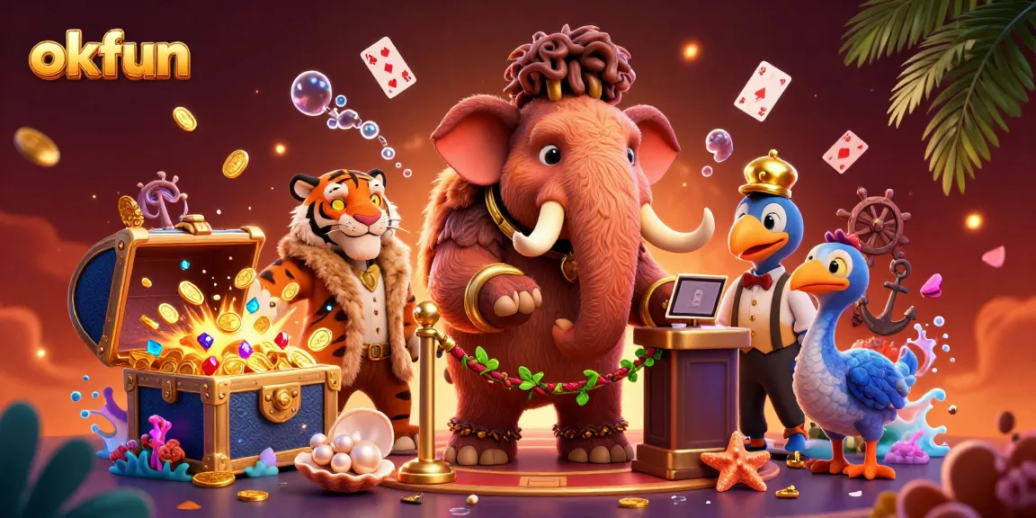 Experience the thrill of okfun casino with a vibrant scene featuring whimsical characters and gaming elements.