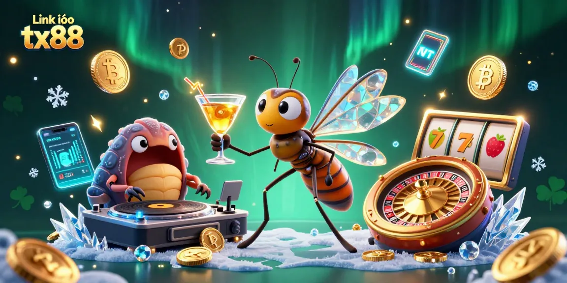 Link vào tx88 showcases a lively casino scene with vibrant characters and crypto elements.